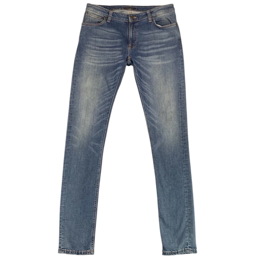 Nudie Jeans Mens 33x34 Skinny Lin Worn Wash Stretch Zip Fly Organic Cotton
